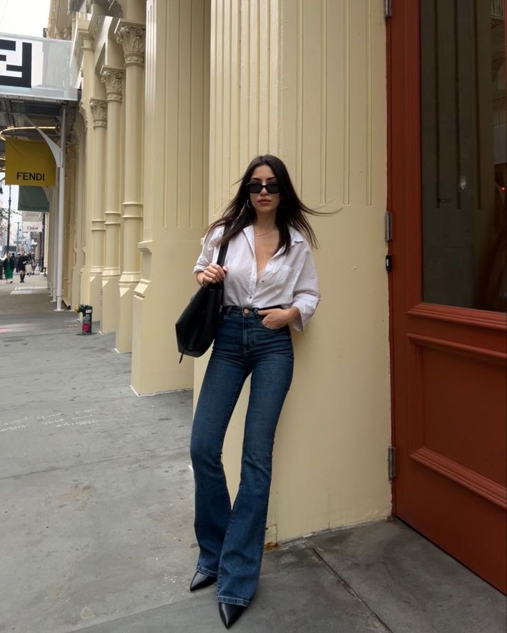 Dark Blue Flared Jeans and Black Heels 